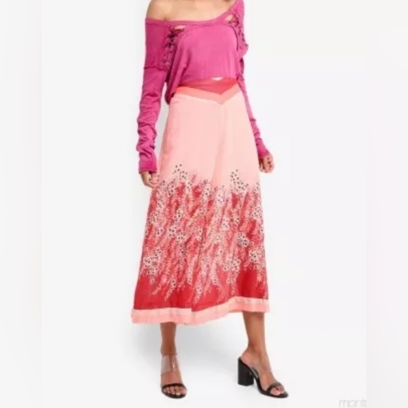 Free People Off The Grid Culottes Sheer Floral Wide Leg Peach Cropped Pa…